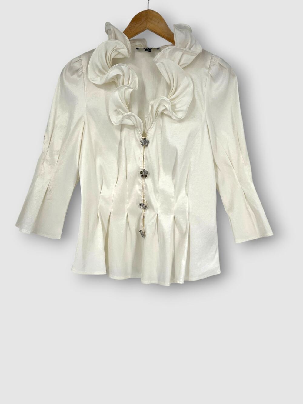 Y2k Vintage Chetta B Coquette Ivory Satin Ruffle Collar Blouse Jewel Buttons 10